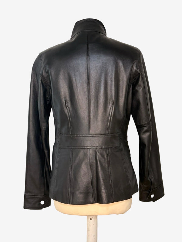 A black leather jacket with a high collar, shown from the back on a mannequin torso against a light gray background.