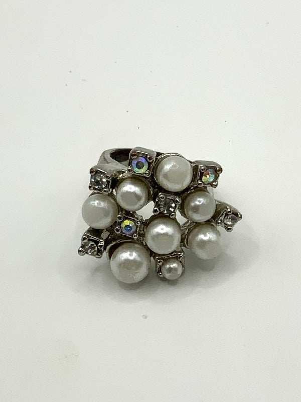 Large Silver Faux Diamond And Pearl Cluster Dress Ring
