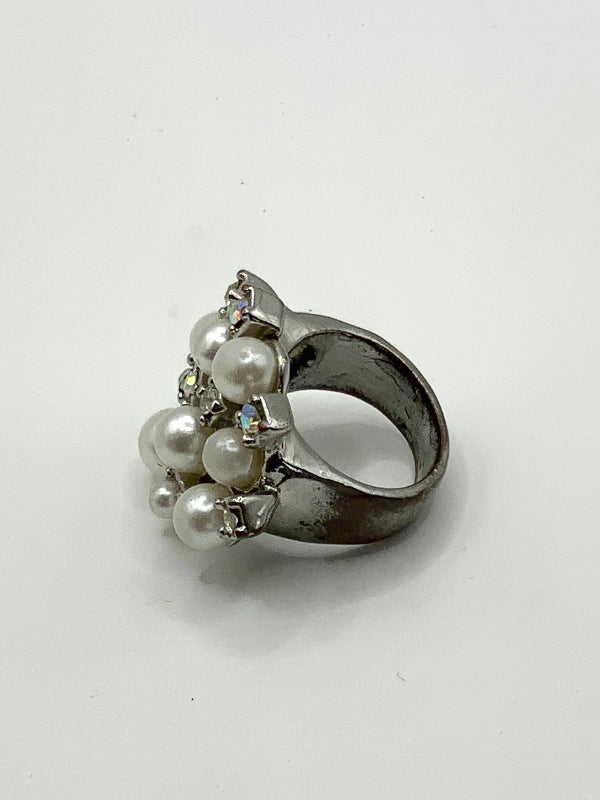 Large Silver Faux Diamond And Pearl Cluster Dress Ring
