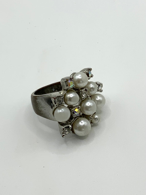 Large Silver Faux Diamond And Pearl Cluster Dress Ring