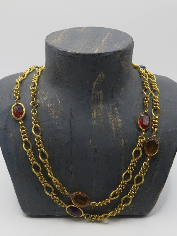 Multi Colour Vintage Station Gold Long Necklace