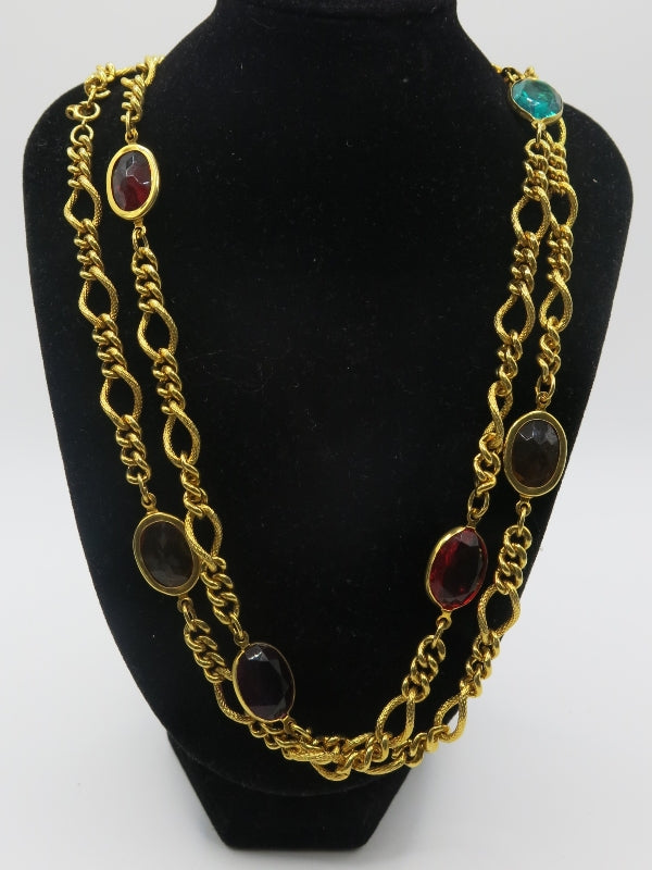 Multi Colour Vintage Station Gold Long Necklace