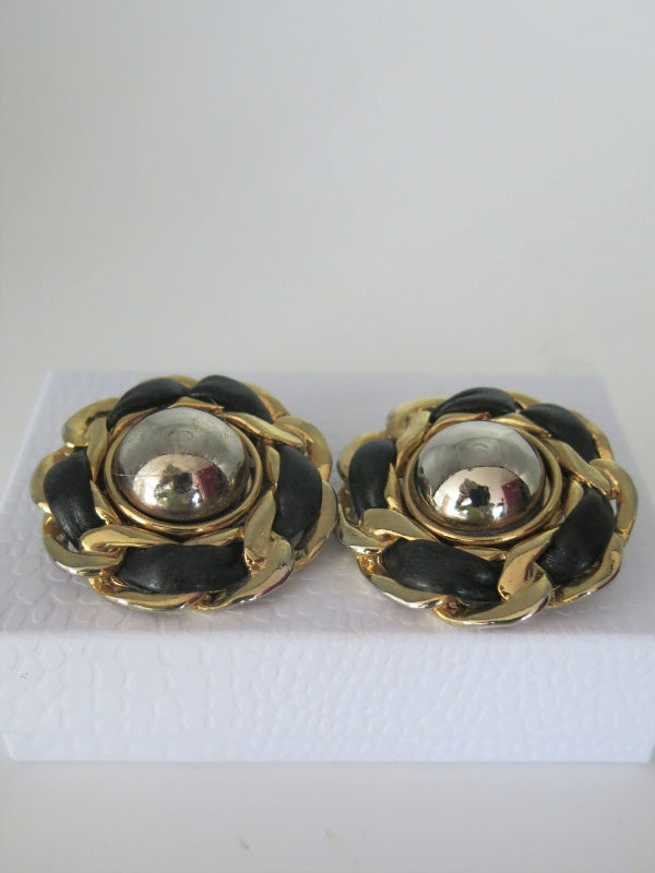 Laced Leather Thong Wrap Gold Clip On Earrings