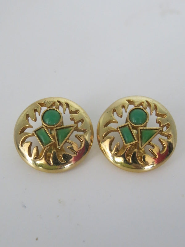 Round Jade Bezel Green Clip On Earrings
