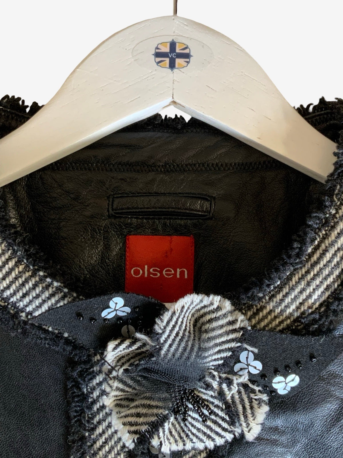 Olsen Black Leather Jacket with Herringbone Trim