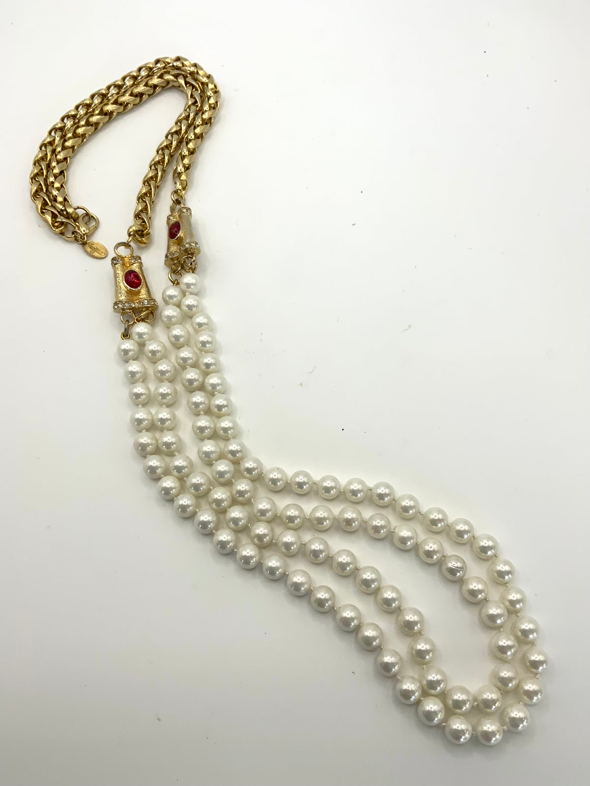 Vendome Large Gold Ingot and Red and Blue Bezel Bead and Pearl Necklace Signed