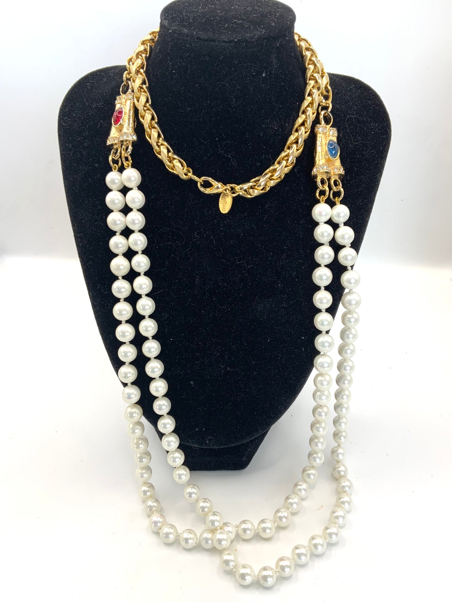 Vendome Large Gold Ingot and Red and Blue Bezel Bead and Pearl Necklace Signed