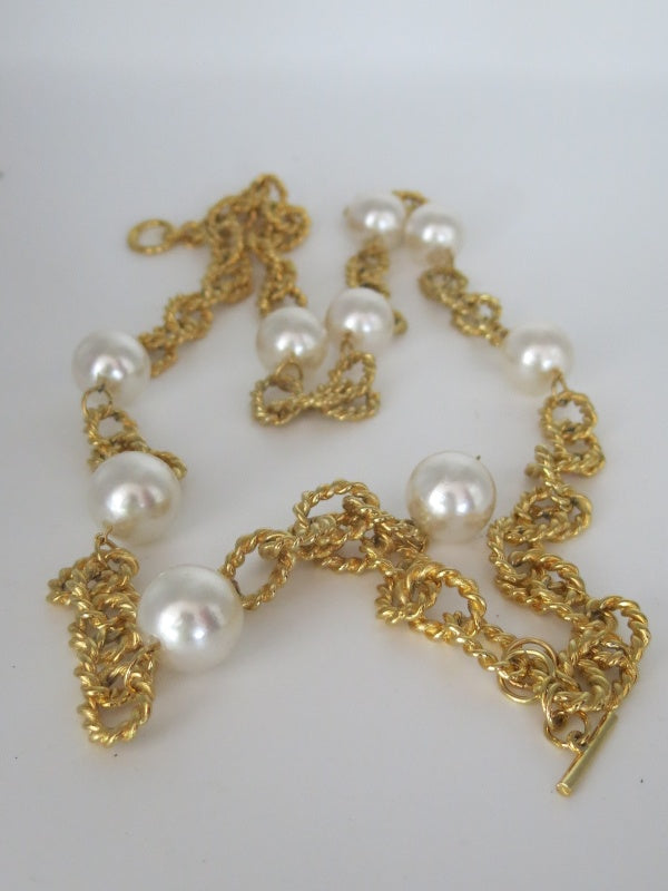 Long Pearl Filigree Link Chain Necklace
