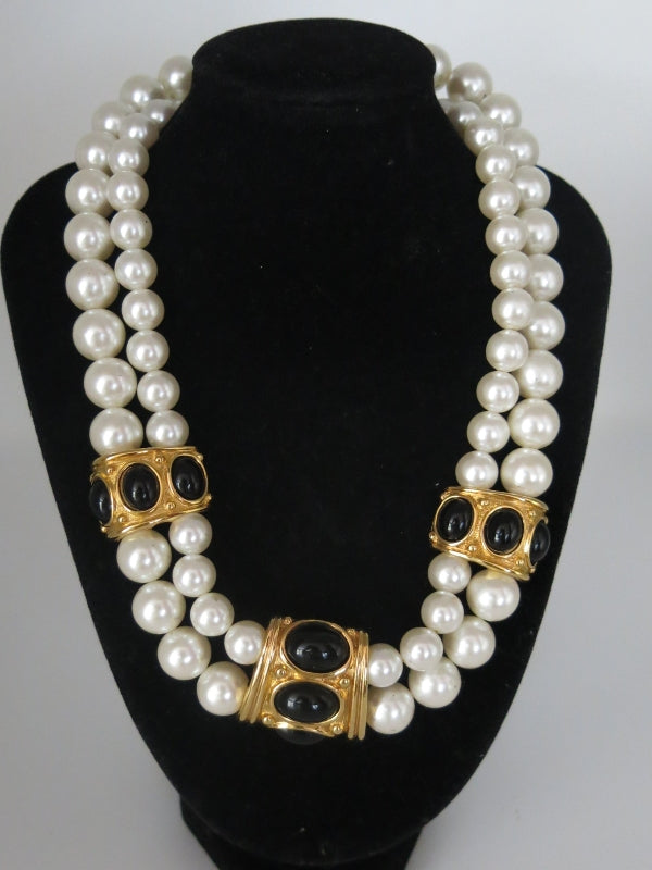 Napier Two strand Faux Peal Black Enamel Necklace