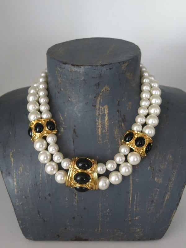 Napier Two strand Faux Peal Black Enamel Necklace