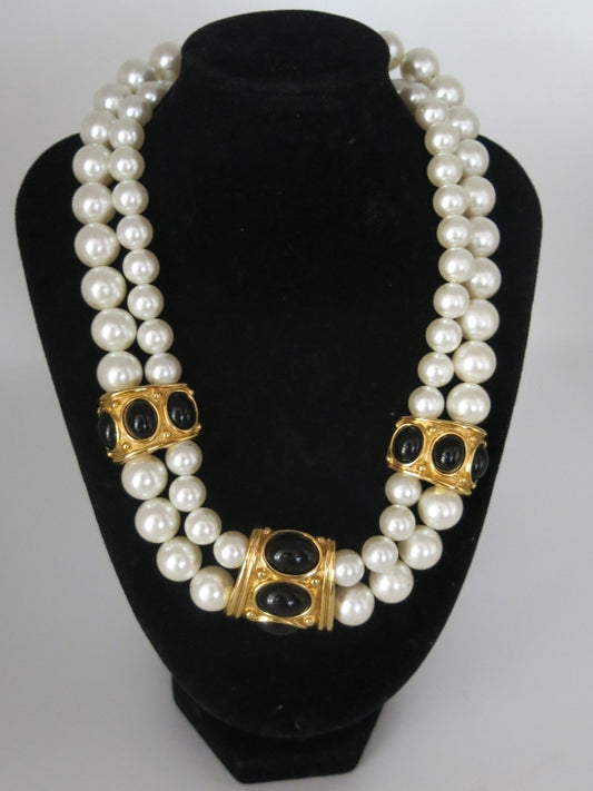 Napier Two strand Faux Peal Black Enamel Necklace