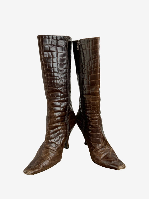 Via Spiga Brown Leather Croc Vintage Boots