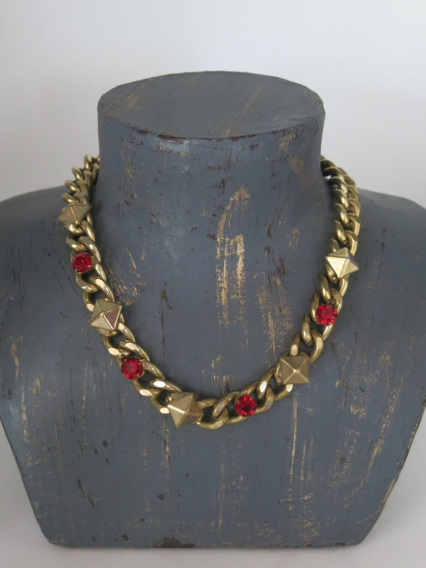 Gold Tone And Red Glass Chunky Necklace