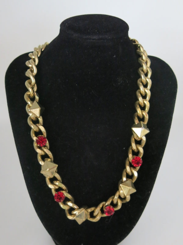 Gold Tone And Red Glass Chunky Necklace