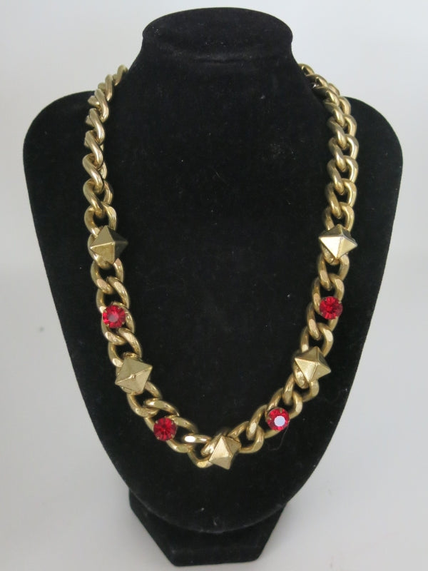 Gold Tone And Red Glass Chunky Necklace