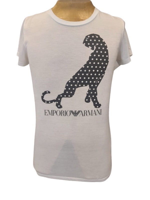 Ladies short sleeve white T shirt, black puma motif
