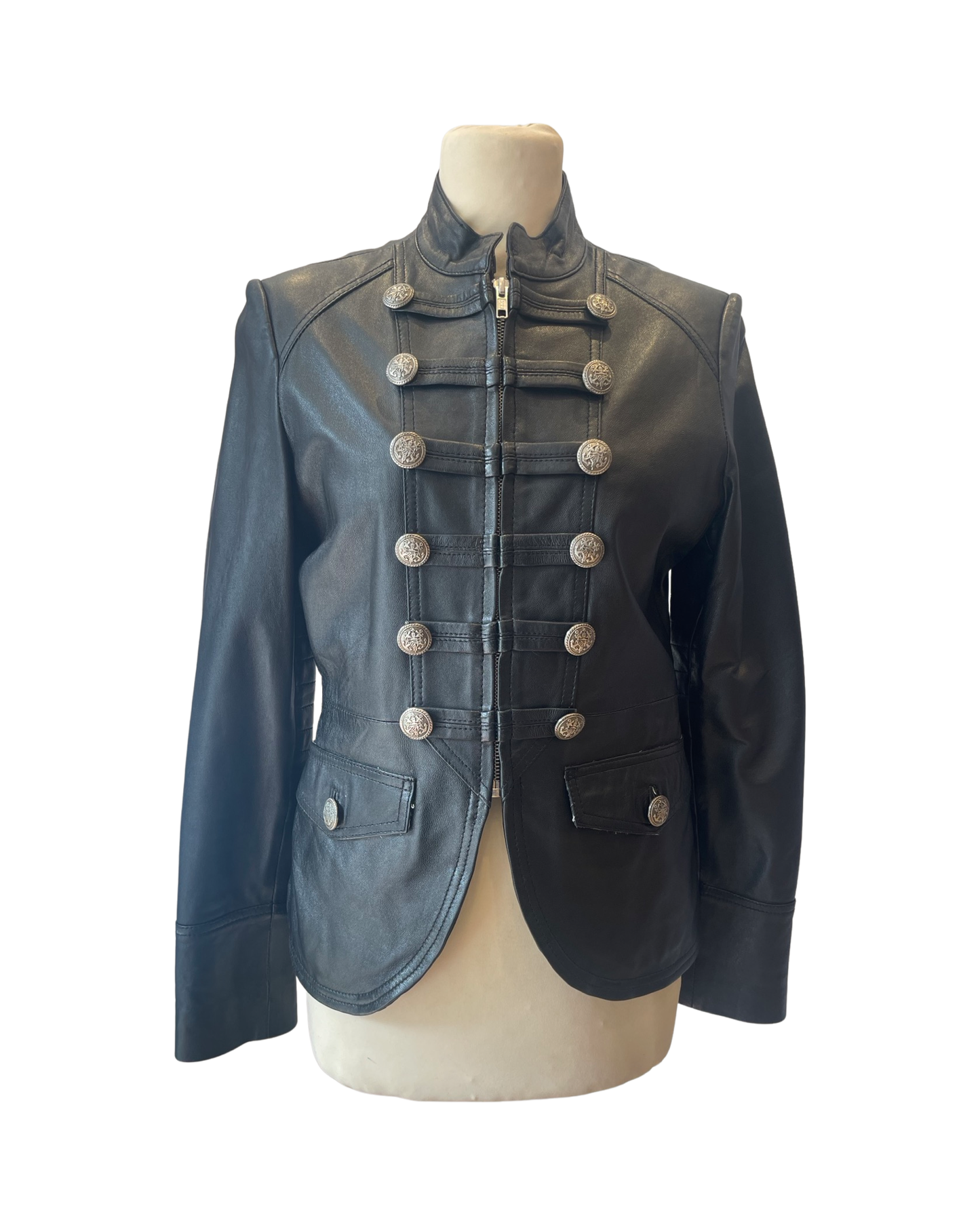 Military style 12 silver buttons black leather jacket