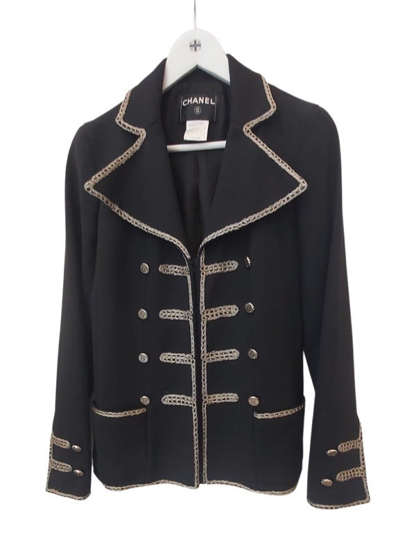 Chanel blue jacket with silver buttons and silver military braid