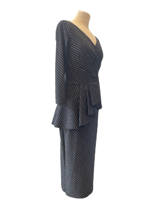 Pinstripe dress charcoal grey below the knee side view
