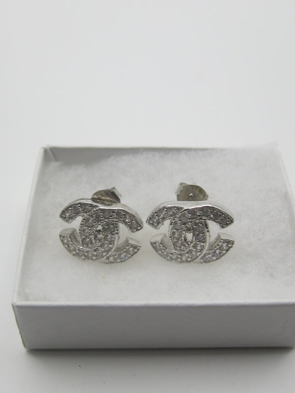 Double C Design Diamond Pave Pierced Earrings