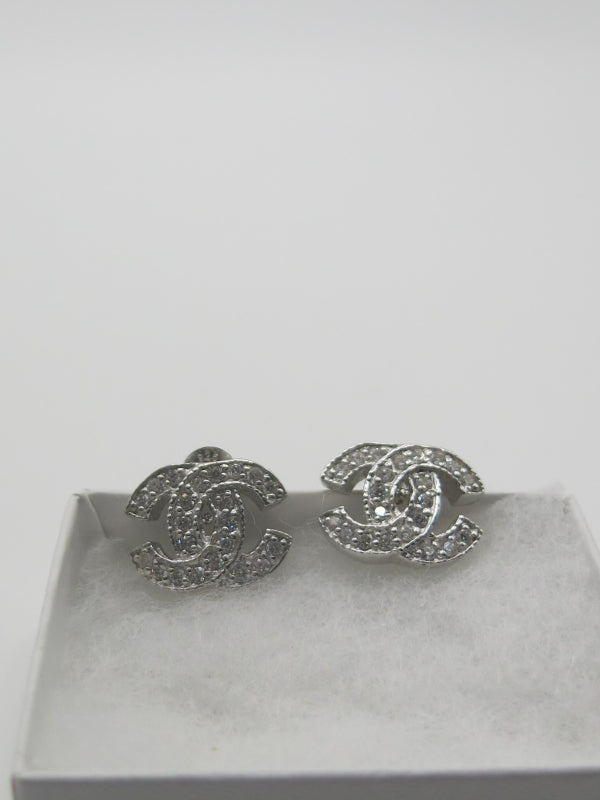 Double C Design Diamond Pave Pierced Earrings