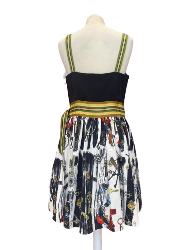 Summer dress back, black bodice and printed skirt to the knee