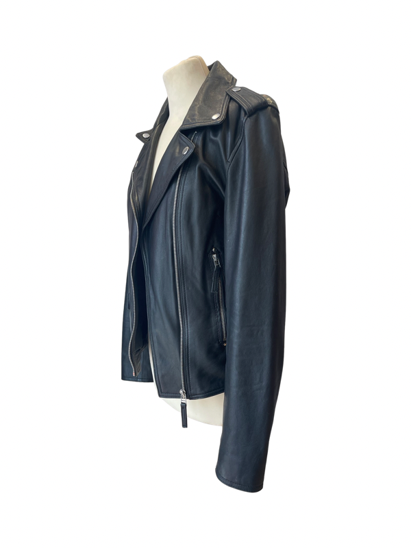Soft black leather biker jacket ladies side view