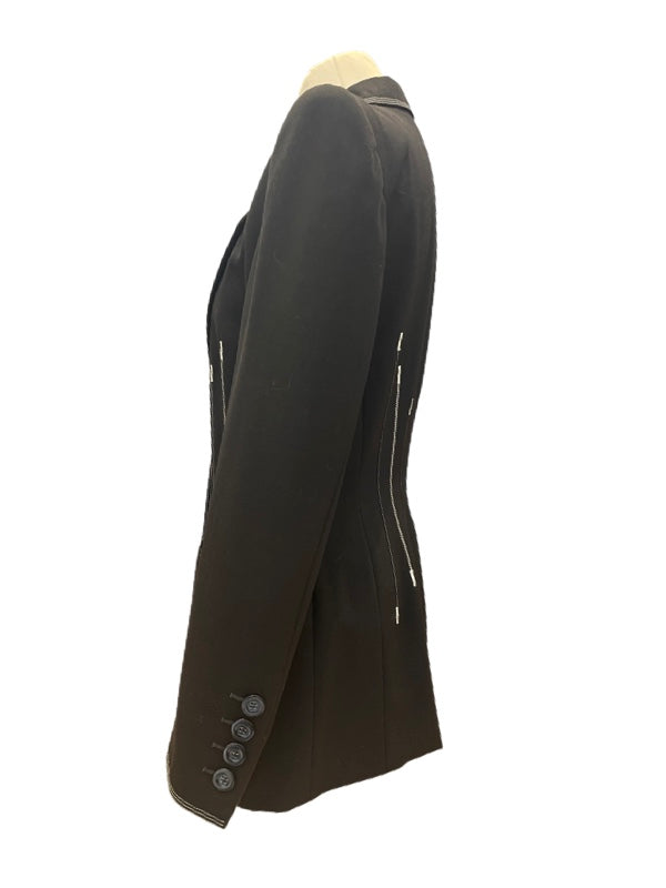 Side view black jacket with four button cuff detail