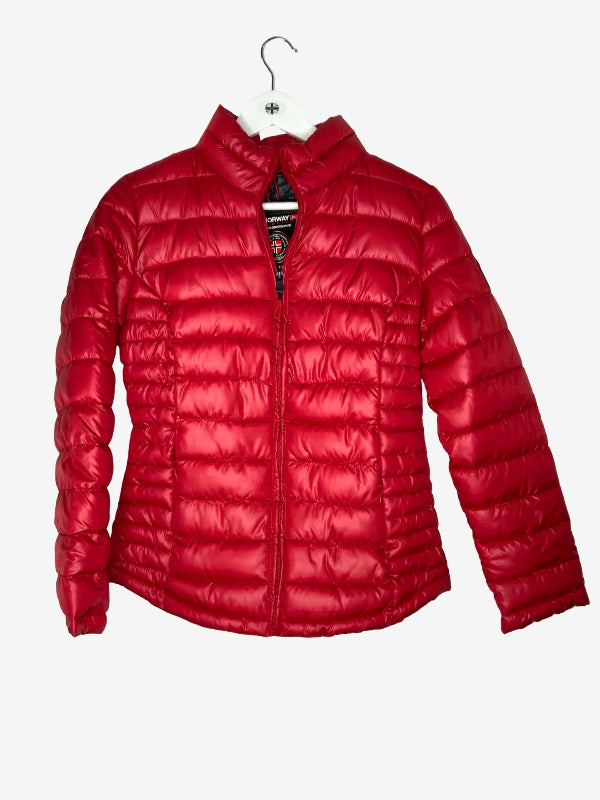 A red puffer jacket with horizontal quilting, hanging on a white hanger against a light gray background.