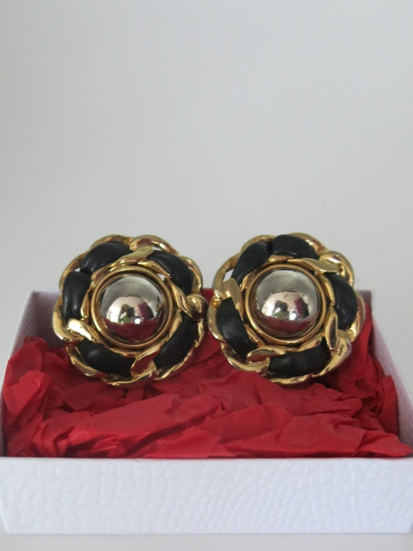 Laced Leather Thong Wrap Gold Clip On Earrings