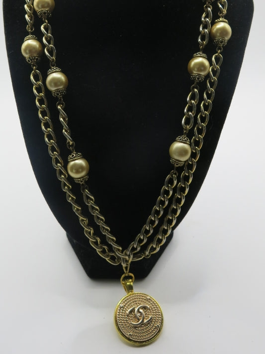 Vintage Golden Pearl Repurposed Chanel Button Necklace