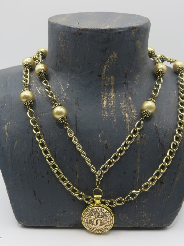 Vintage Golden Pearl Repurposed Chanel Button Necklace