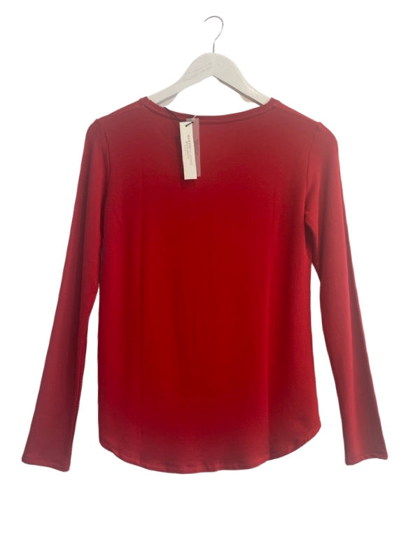 Back of scarlet long sleeve ladies t shirt