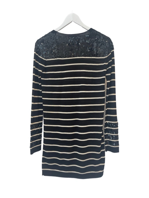 Merino wool stripe tunic dress back with sequin cuffs and neck welt
