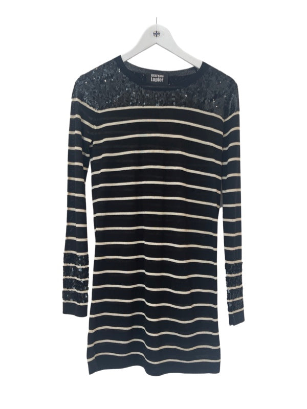 Merino wool black jumper dress with cream horizontal stripe sequin cuffs and neck