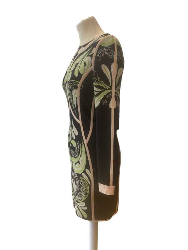 Side view green and black long sleeve couture dress
