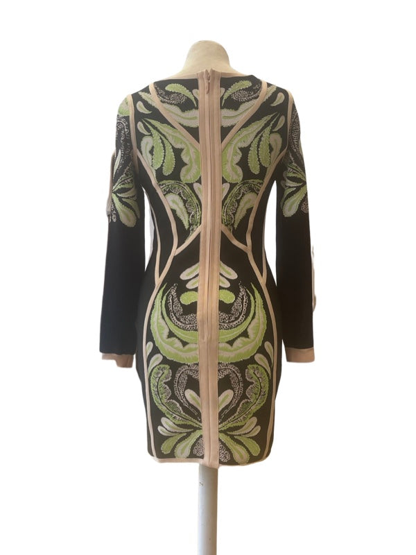 Back of stretch body con bandage dress long sleeves with zip detail all the way up the back