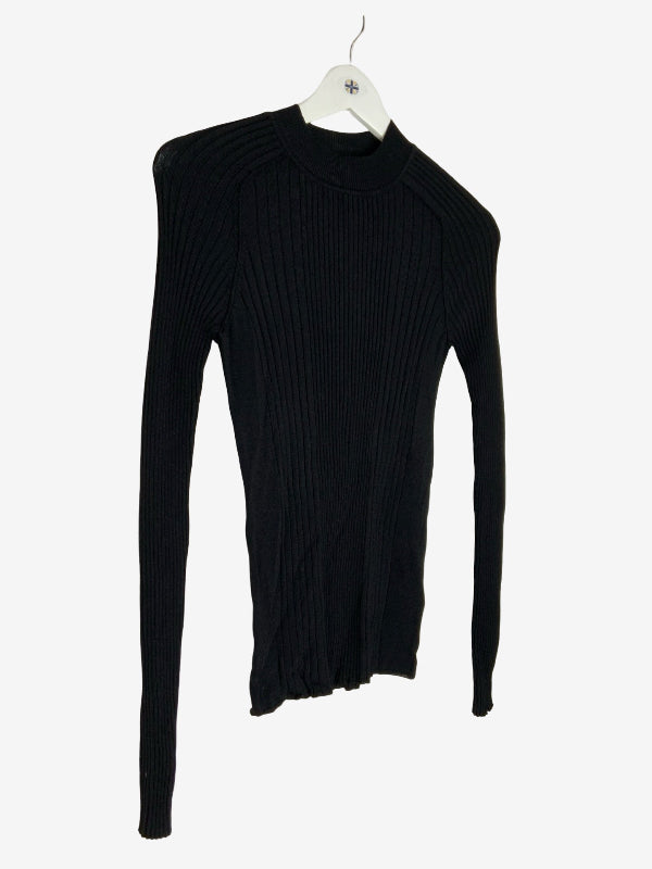 A black ribbed knit long-sleeve mock neck sweater hanging on a white hanger against a light gray background.