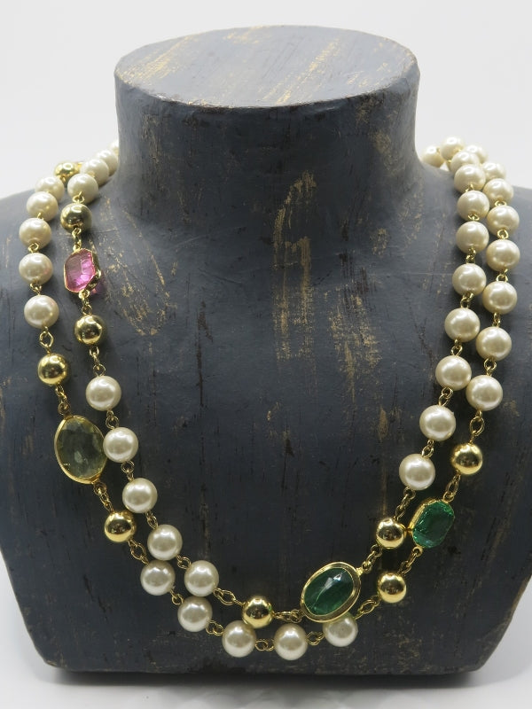 Pastel Bezel Pink, Green, Pearl Station Necklace