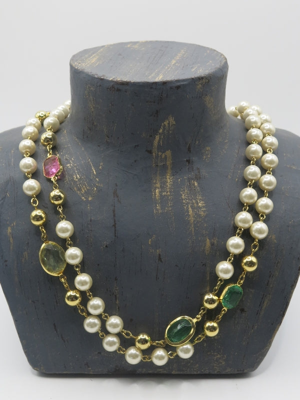 Pastel Bezel Pink, Green, Pearl Station Necklace