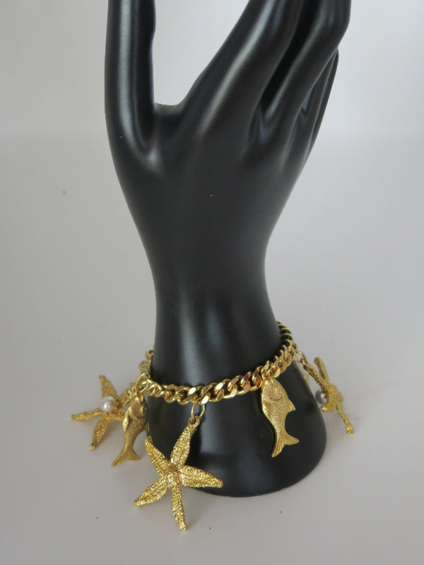 Gold Fish and Starfish Pearl Charm Bracelet
