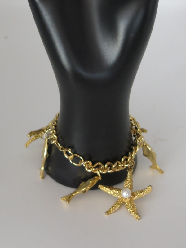 Gold Fish and Starfish Pearl Charm Bracelet