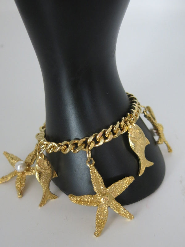 Gold Fish and Starfish Pearl Charm Bracelet