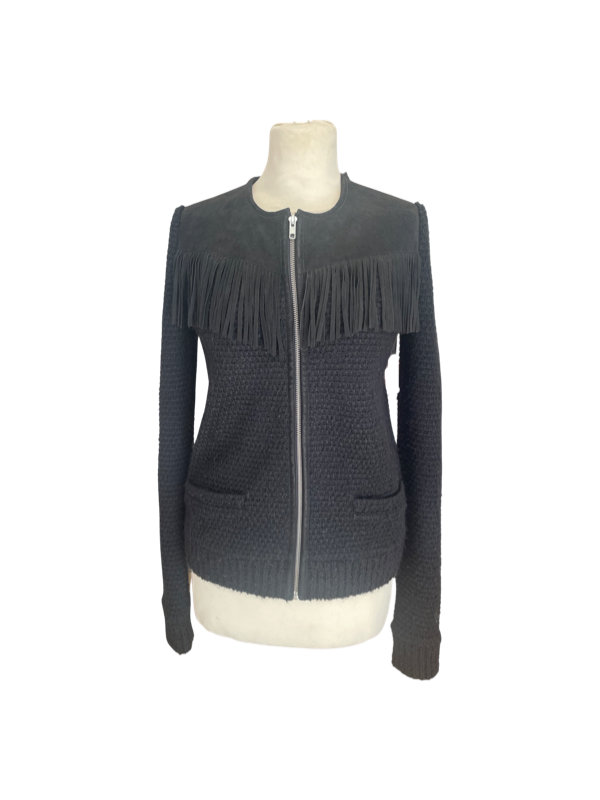 Black zip front cardigan with leather fringe shoulders