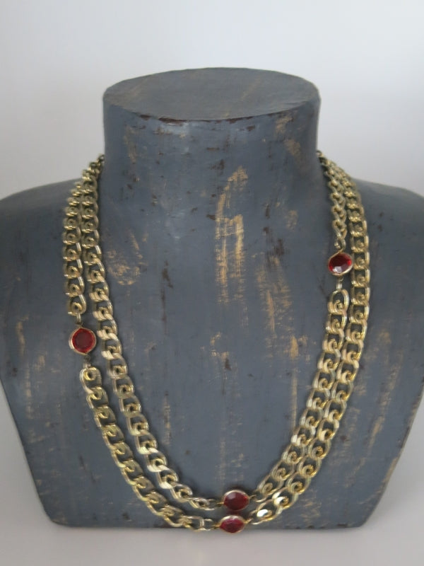 Red Crystal Bezel Set Long Gold Chain Necklace