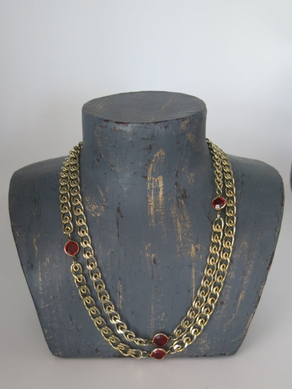 Red Crystal Bezel Set Long Gold Chain Necklace