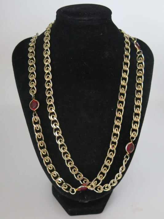Red Crystal Bezel Set Long Gold Chain Necklace