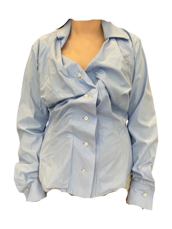 Blue ladies shirt with Vivienne westward signature ruffles