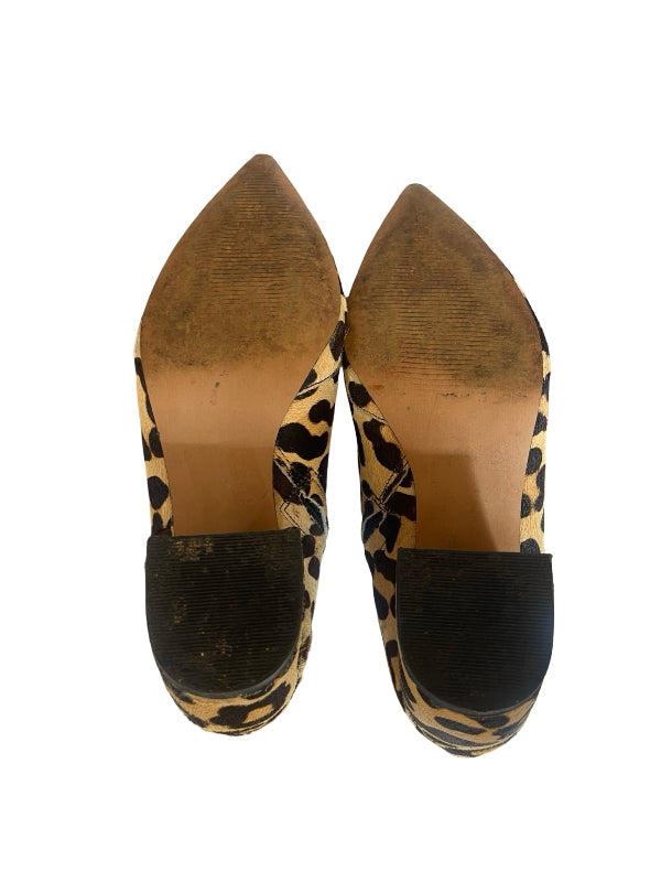 A pair of pointed-toe flats with a leopard print pattern in beige, black, and brown, featuring a solid black fabric heel tab, shown from a top-down view on a white background.