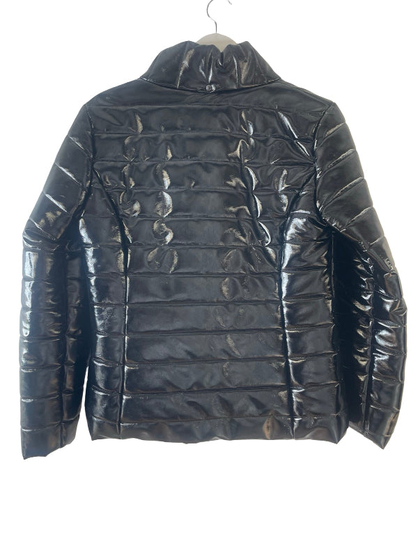 A glossy black quilted puffer jacket with a high stand-up collar, hanging on a hanger against a plain white background.